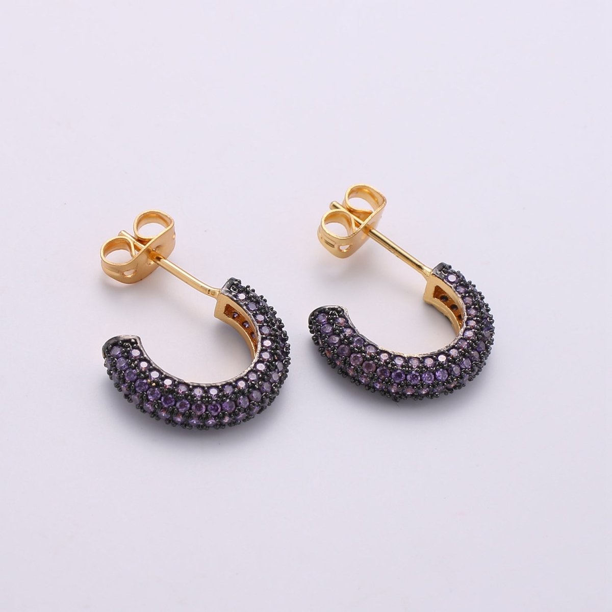 Gold Micro Pave Hoop Earrings Gold Chunky Earrings, CZ Color Hoop Earrings, Modern Style, Gold Minimalist Earrings Q-271 - Q-276