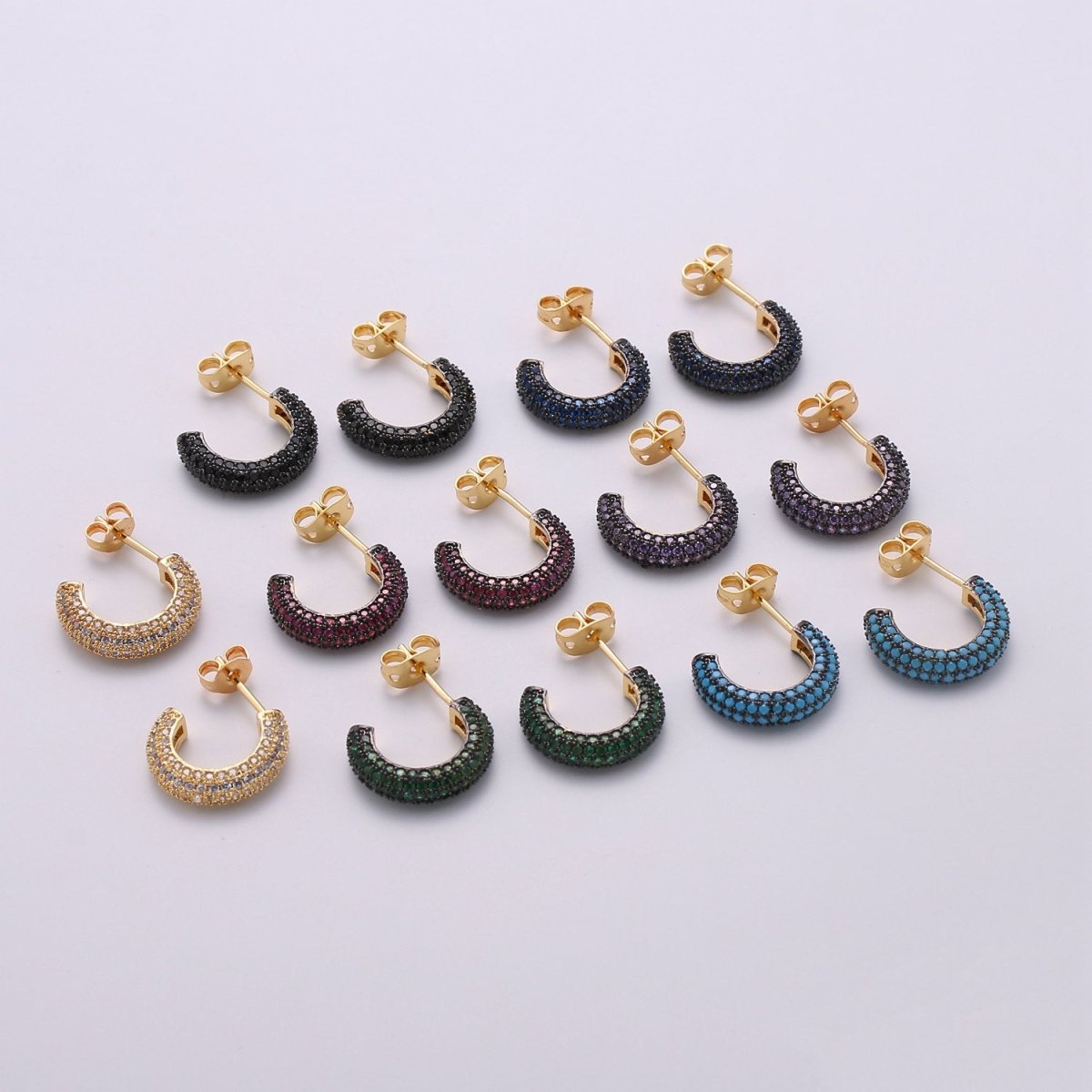 Gold Micro Pave Hoop Earrings Gold Chunky Earrings, CZ Color Hoop Earrings, Modern Style, Gold Minimalist Earrings Q-271 - Q-276