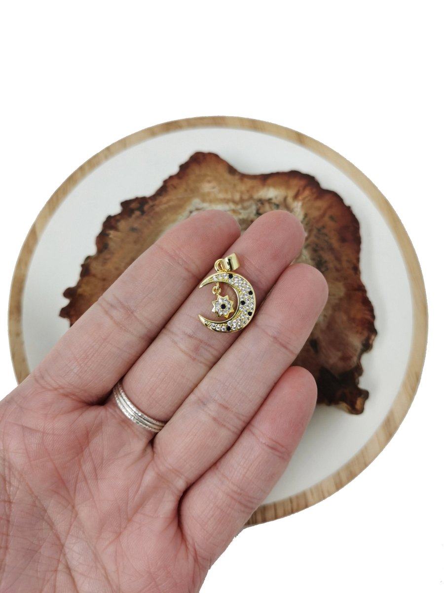 Gold Micro Pave Moon With Star Pendant, Cubic Moon Charm for Necklace Earring Bracelet Charm Supply I-326