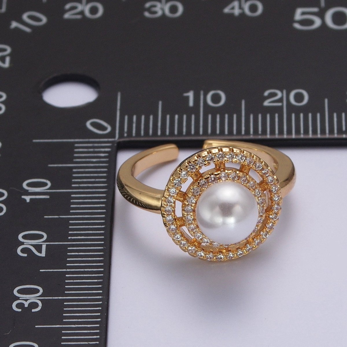 Gold Micro Pave Round Shell Pearl Adjustable Ring O-792