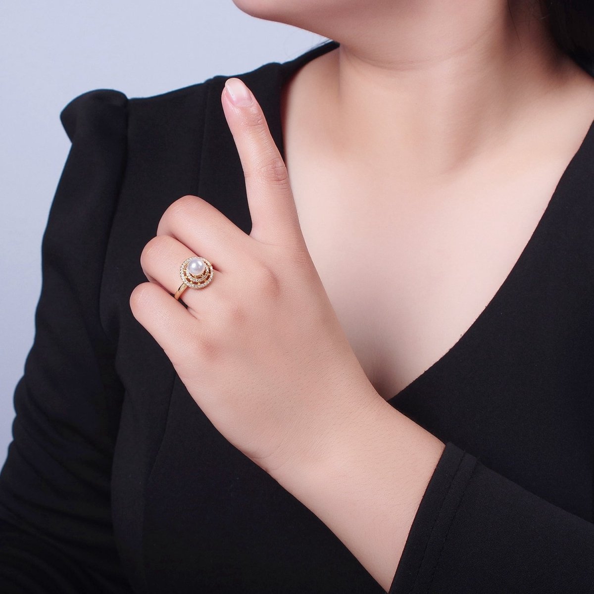Gold Micro Pave Round Shell Pearl Adjustable Ring O-792