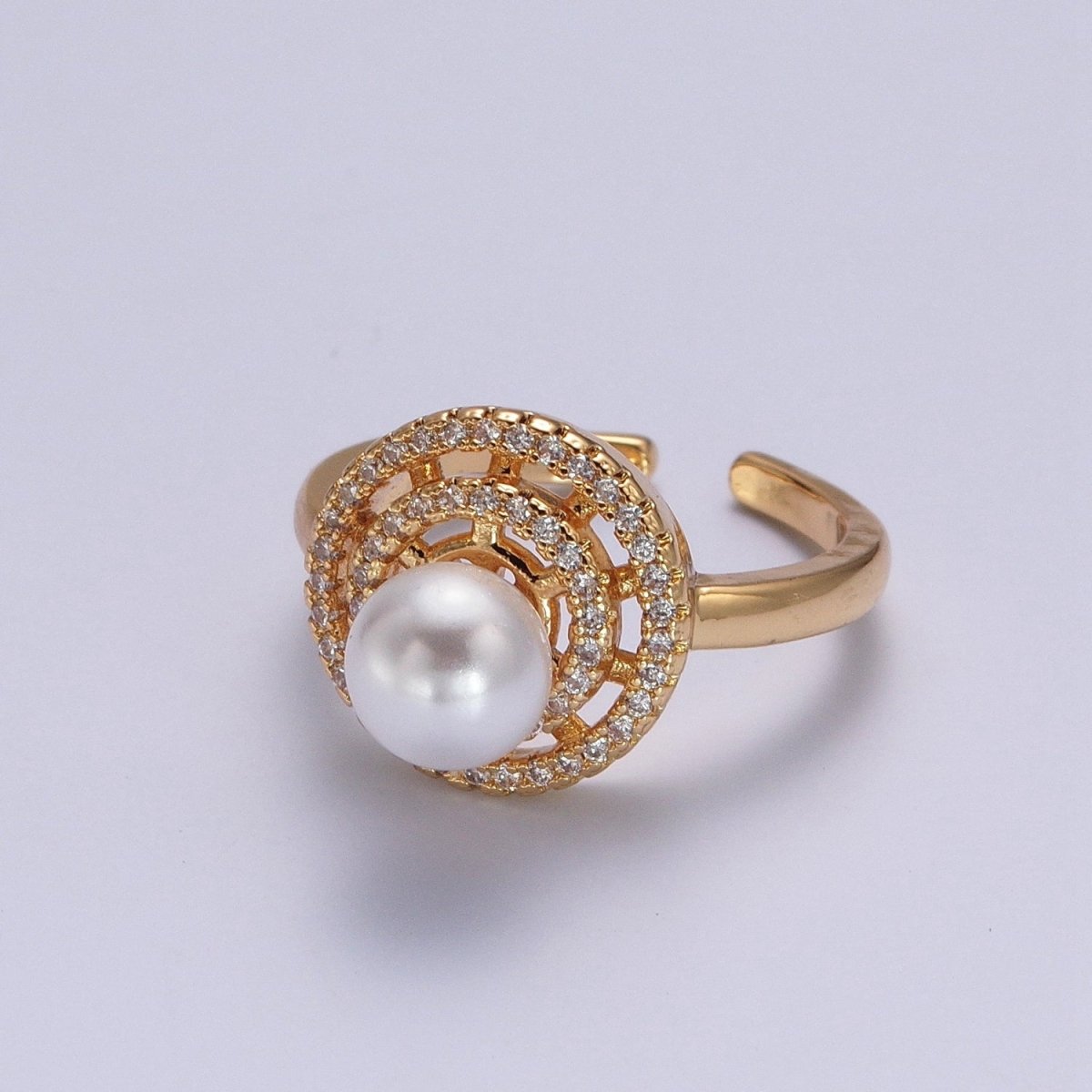 Gold Micro Pave Round Shell Pearl Adjustable Ring O-792