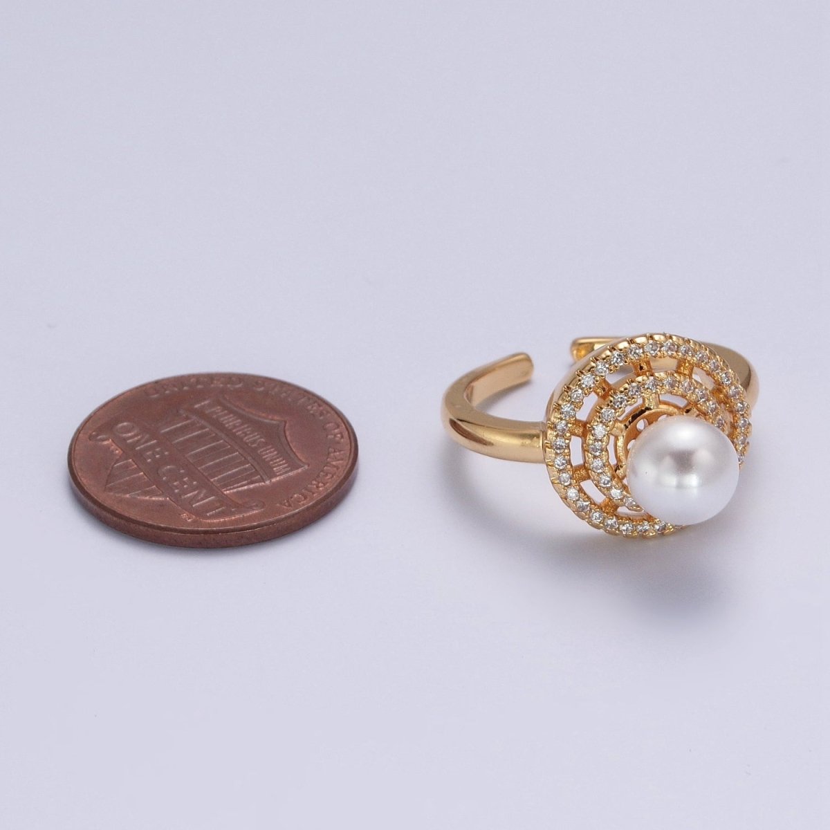 Gold Micro Pave Round Shell Pearl Adjustable Ring O-792