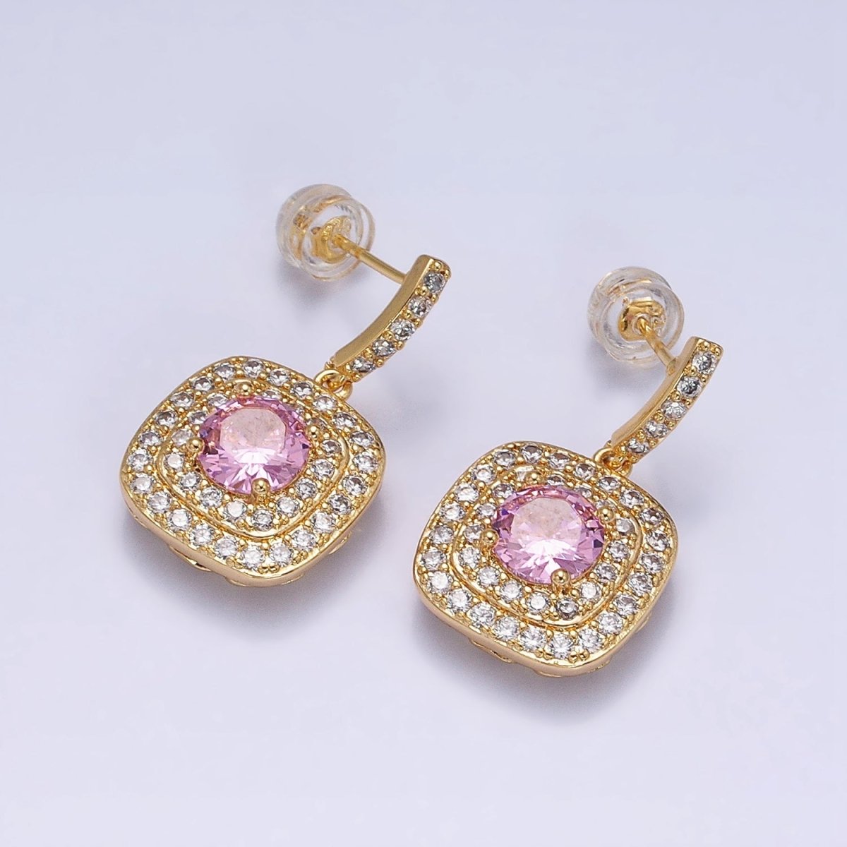 Gold Micro Pave Square Cocktail Earrings Multi Color CZ Statement Party Earrings Dangle Designer Earrings