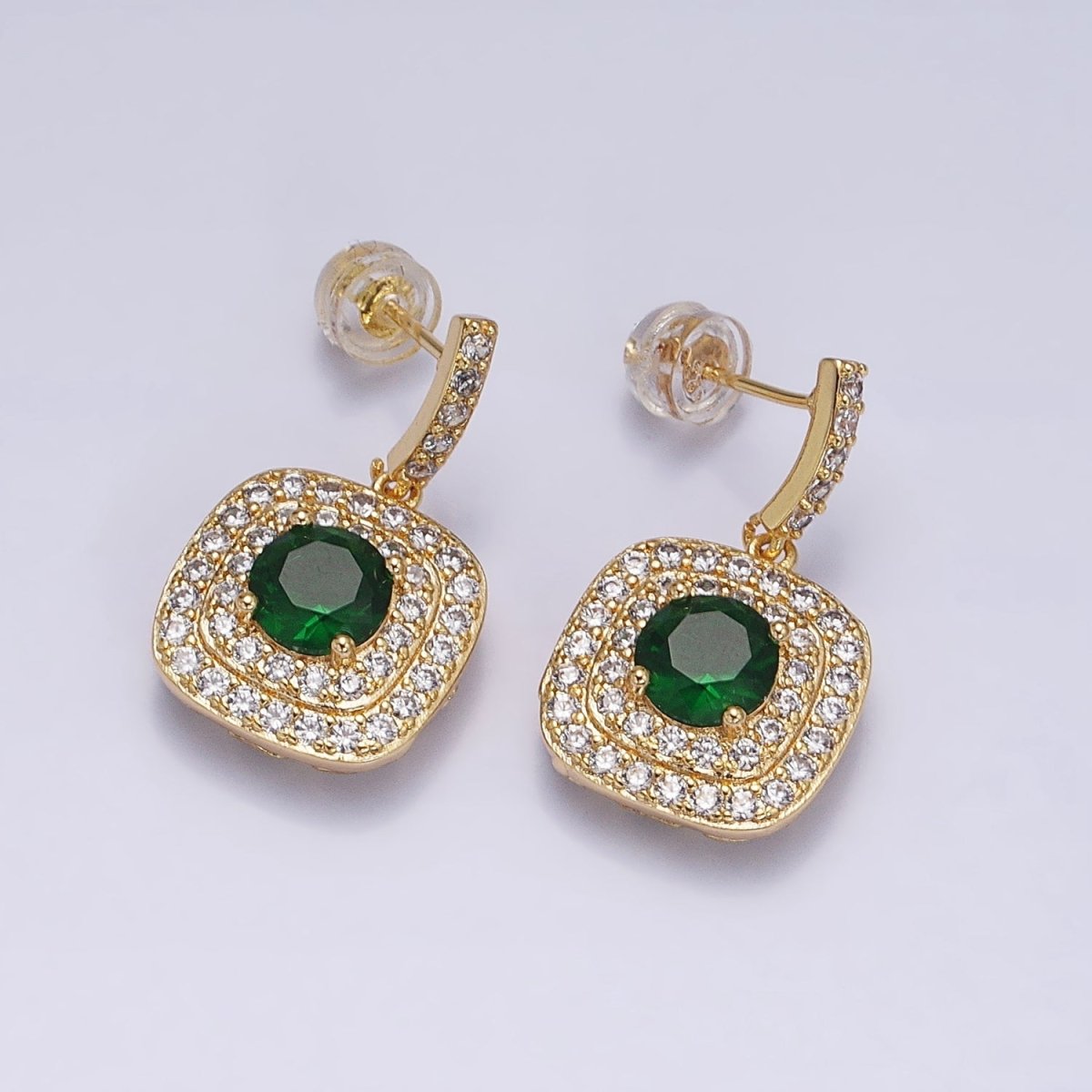 Gold Micro Pave Square Cocktail Earrings Multi Color CZ Statement Party Earrings Dangle Designer Earrings