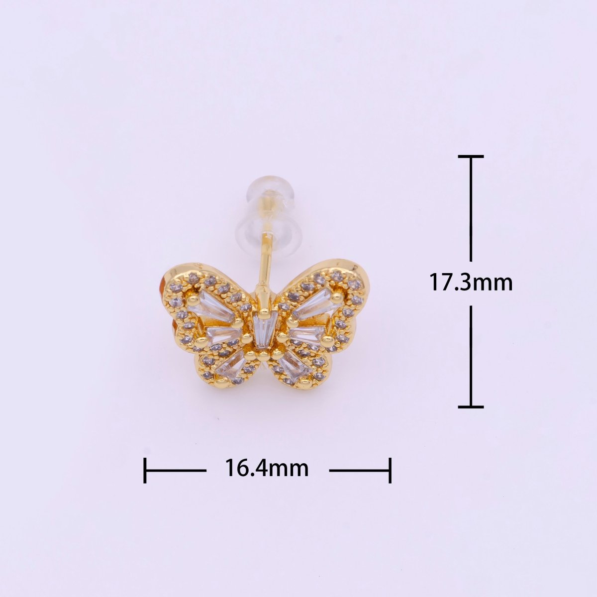 Gold Micro Paved Baguette CZ Mariposa Butterfly Stud Earrings | AD-160