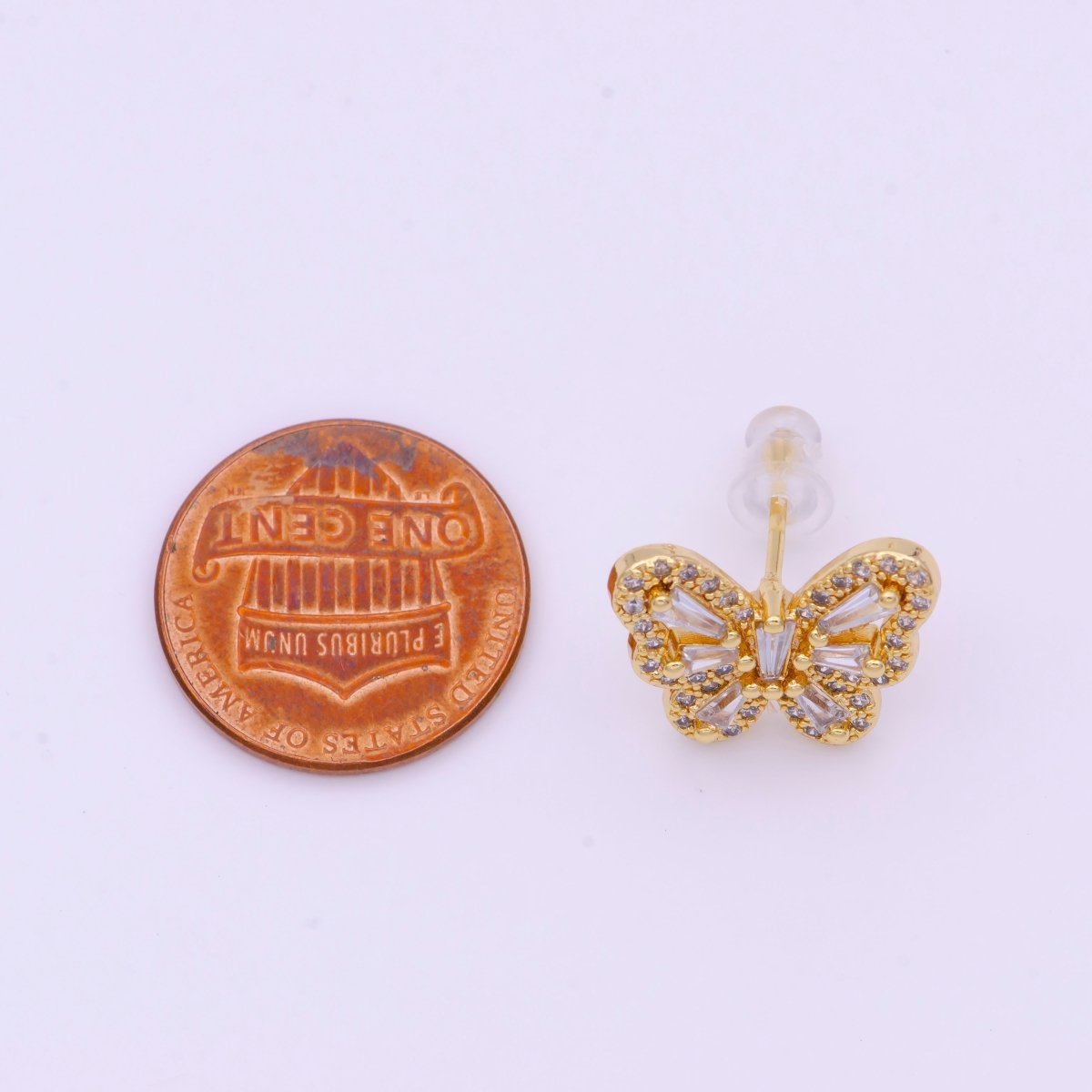 Gold Micro Paved Baguette CZ Mariposa Butterfly Stud Earrings | AD-160
