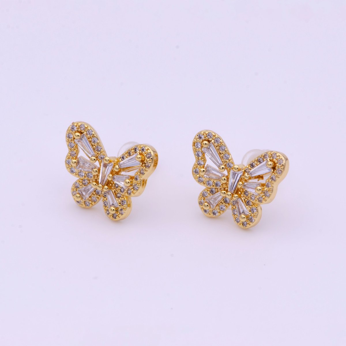 Gold Micro Paved Baguette CZ Mariposa Butterfly Stud Earrings | AD-160