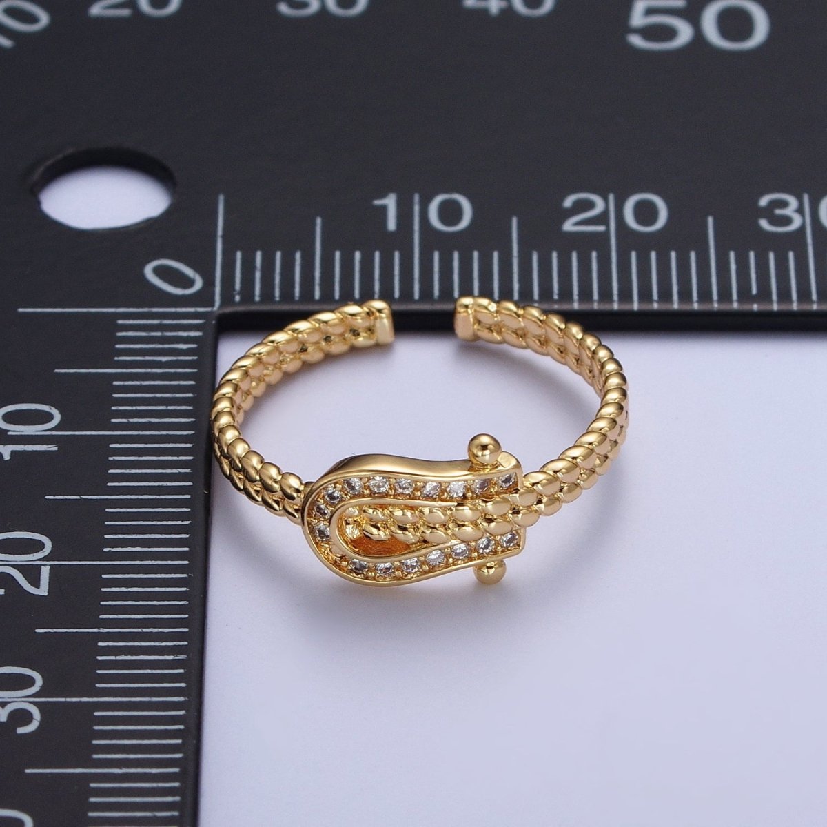 Gold Micro Paved Clear Cubic Zirconia Belt Buckle Twisted Braided Adjustable Ring | U-031