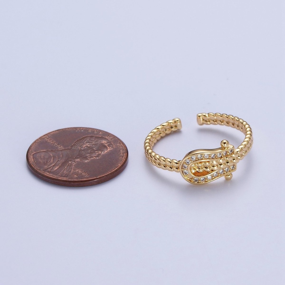 Gold Micro Paved Clear Cubic Zirconia Belt Buckle Twisted Braided Adjustable Ring | U-031