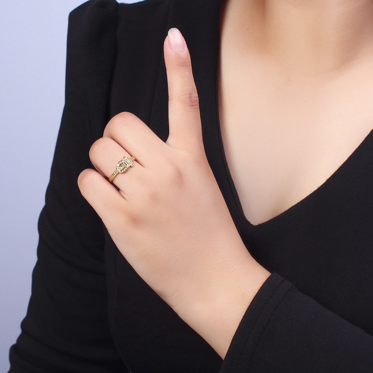 Gold Micro Paved Clear Cubic Zirconia Belt Buckle Twisted Braided Adjustable Ring | U-031