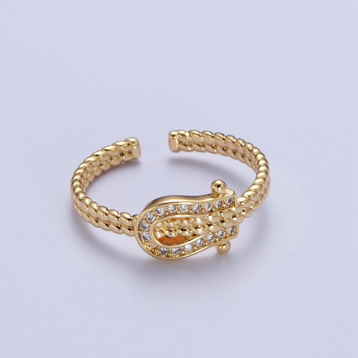 Gold Micro Paved Clear Cubic Zirconia Belt Buckle Twisted Braided Adjustable Ring | U-031