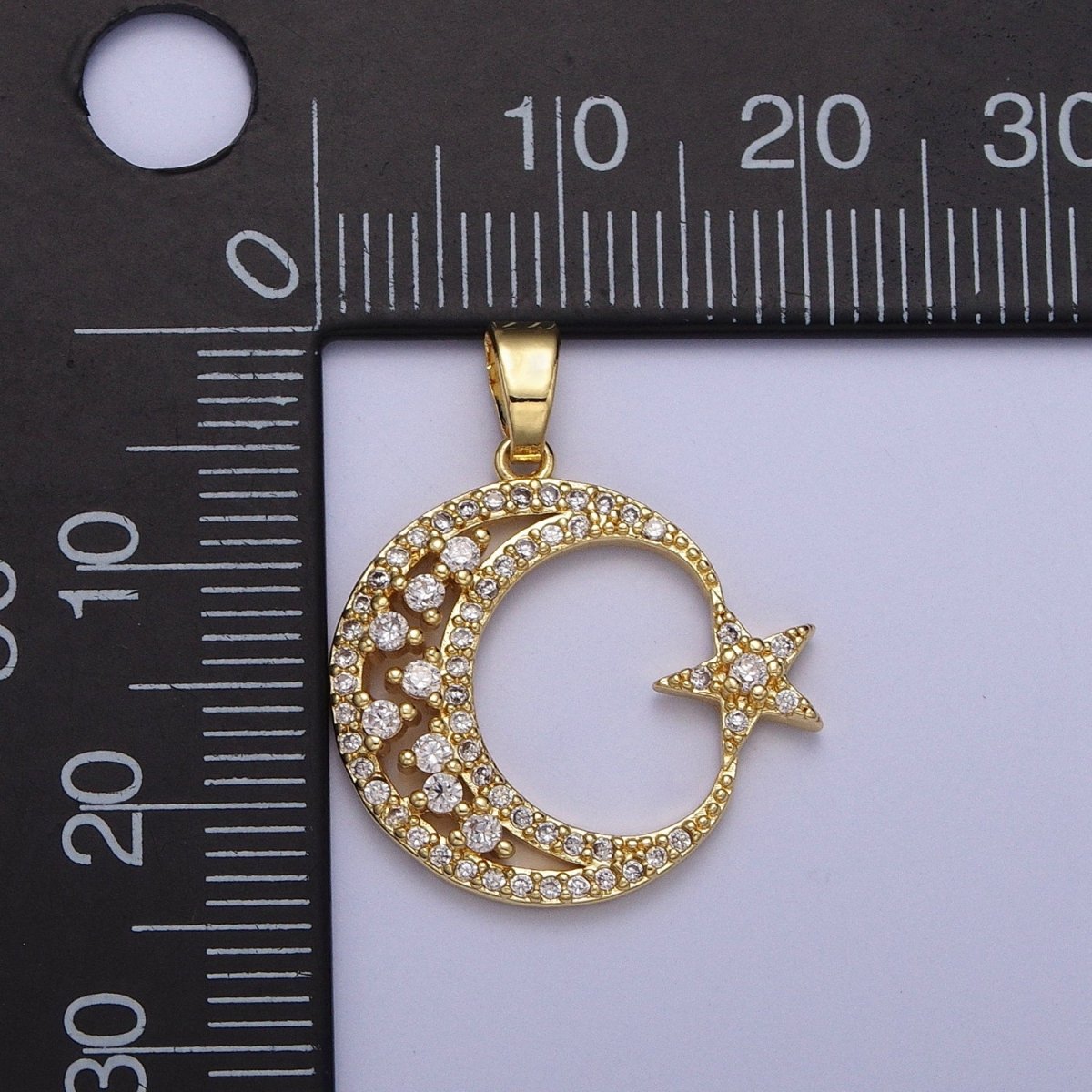 Gold Micro Paved CZ Celestial Crescent Moon Star Pendant H-834