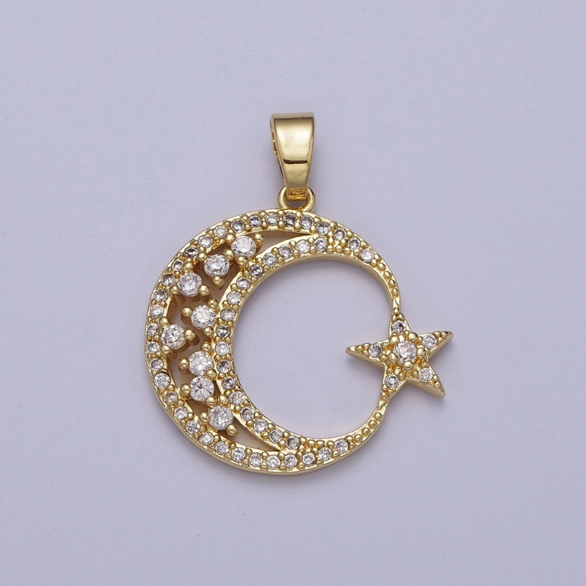 Gold Micro Paved CZ Celestial Crescent Moon Star Pendant H-834