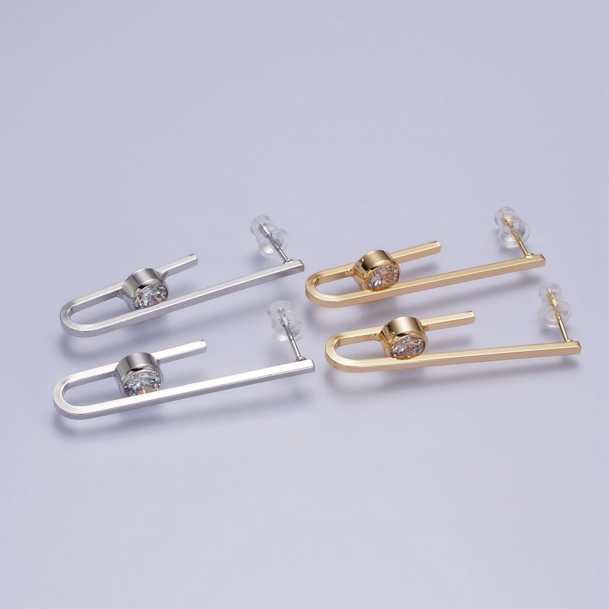 Gold Micro Paved CZ Geometric U Shaped Stud Earrings | AB179 AB180