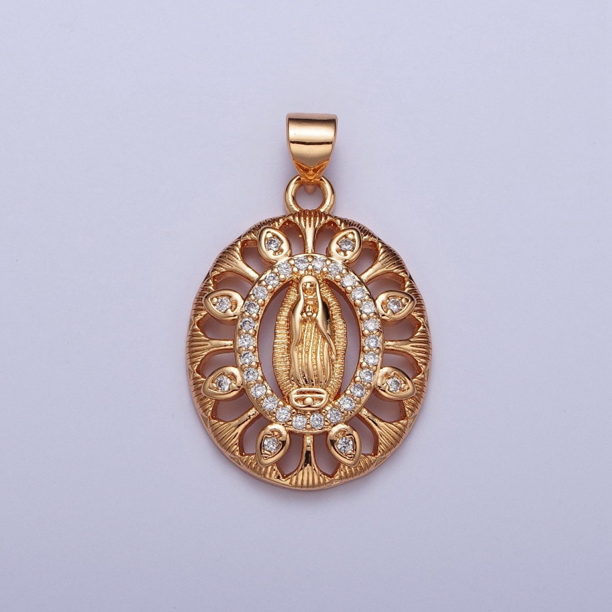 Gold Micro Paved CZ Lady Guadalupe Oval Medallion Pendant For DIY Religious Jewelry Making H-140