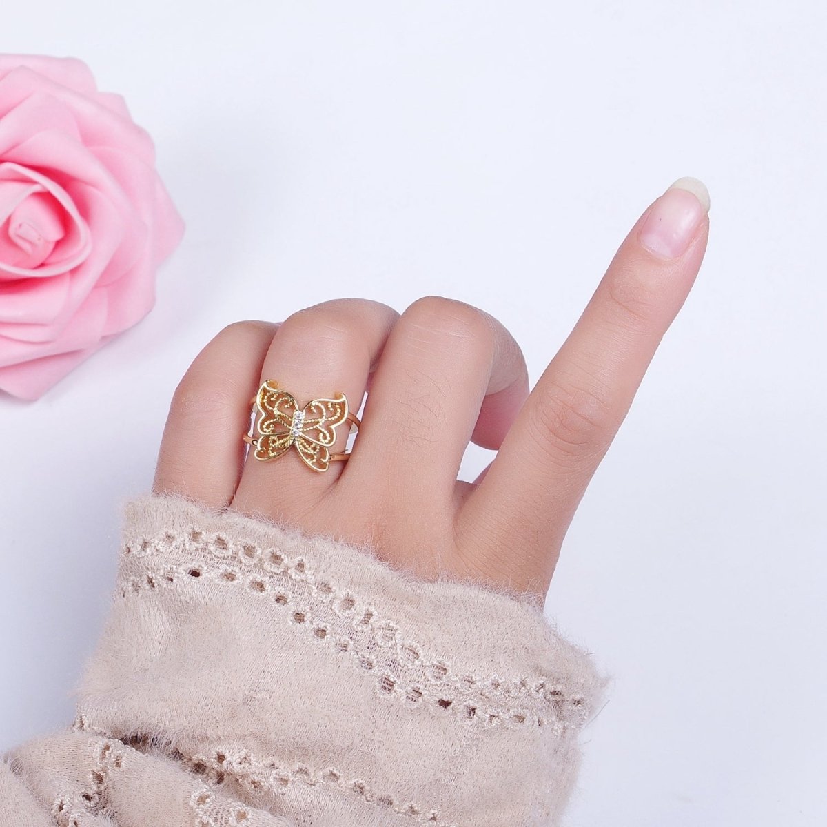 Gold Micro Paved CZ Mariposa Butterfly Engraved Wings Double Band Statement Ring | O-1984