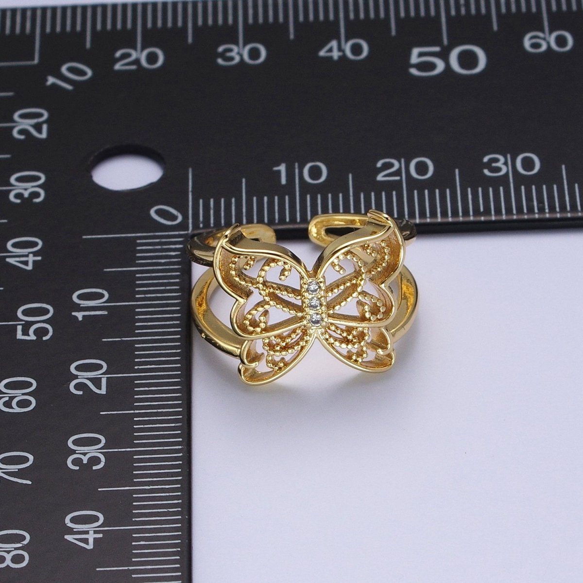 Gold Micro Paved CZ Mariposa Butterfly Engraved Wings Double Band Statement Ring | O-1984