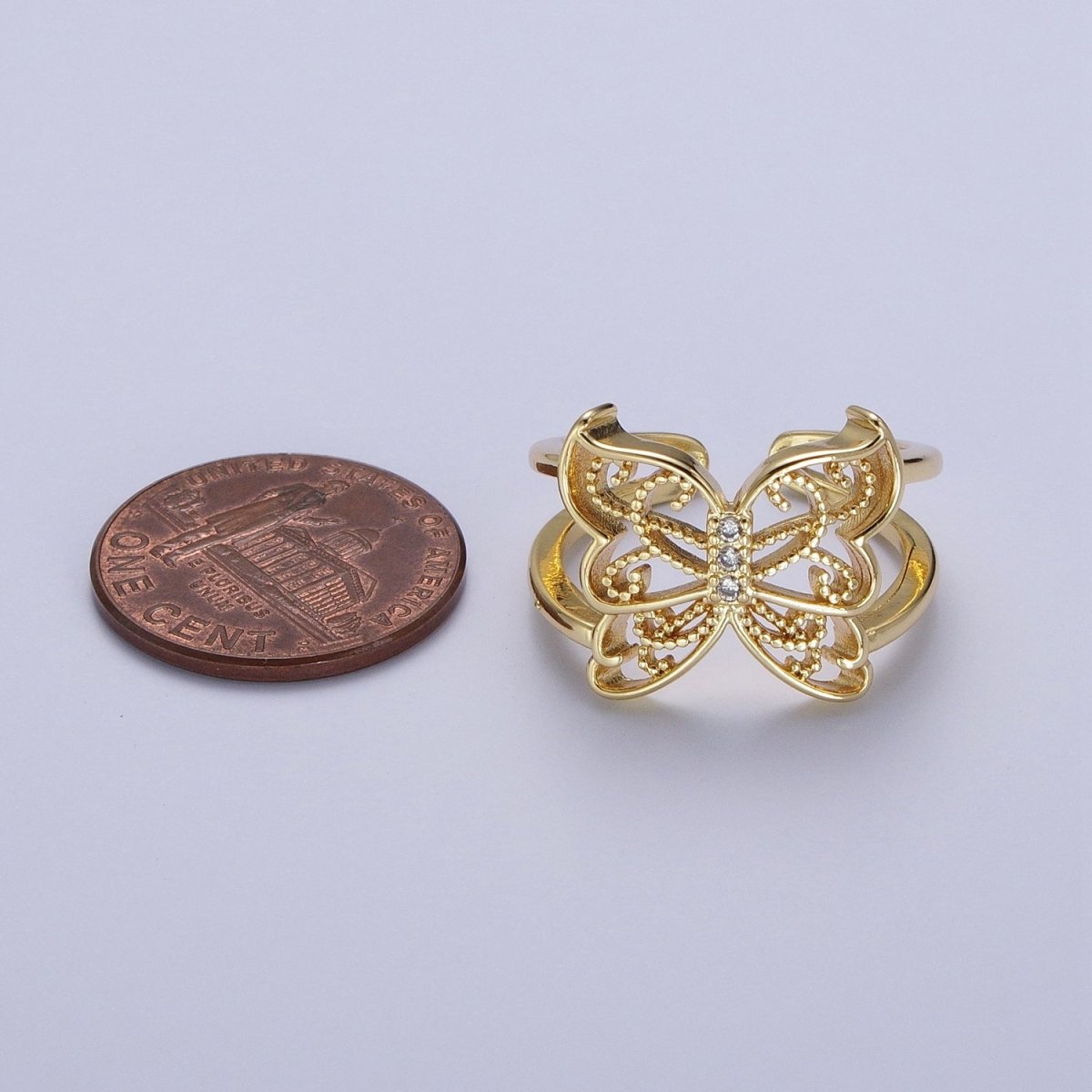 Gold Micro Paved CZ Mariposa Butterfly Engraved Wings Double Band Statement Ring | O-1984