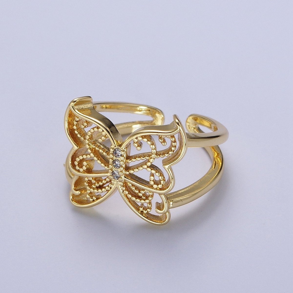 Gold Micro Paved CZ Mariposa Butterfly Engraved Wings Double Band Statement Ring | O-1984