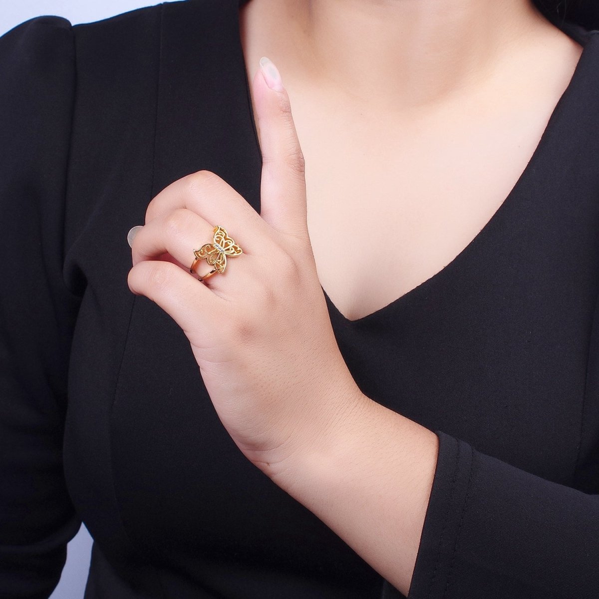 Gold Micro Paved CZ Mariposa Butterfly Engraved Wings Double Band Statement Ring | O-1984