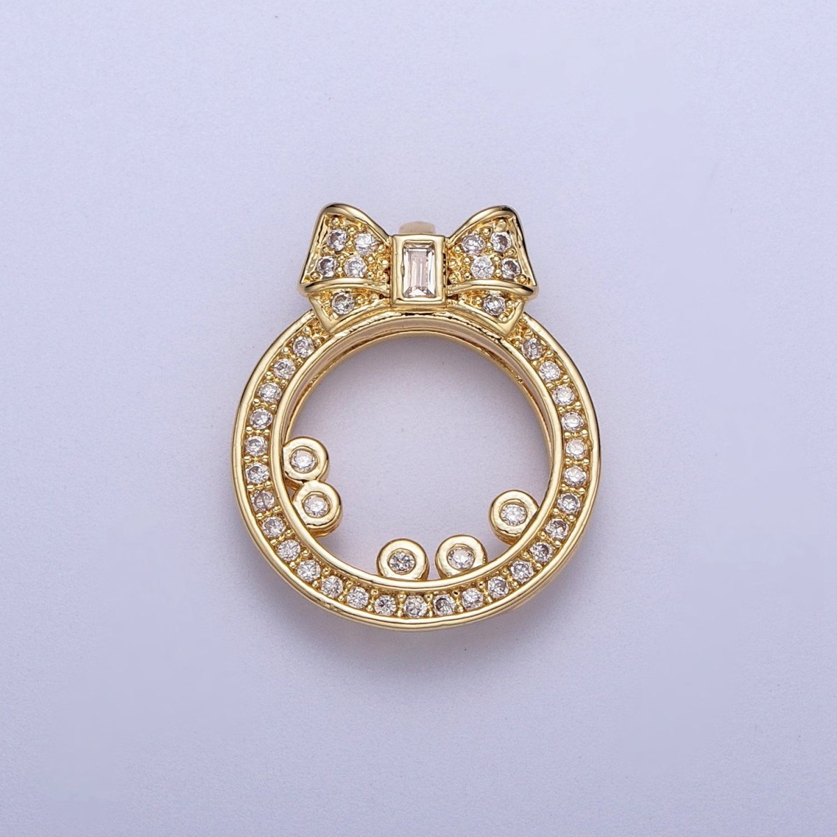 Gold Micro Paved CZ Open Round Baguette Ribbon Pendant For DIY Jewelry Making | X-543