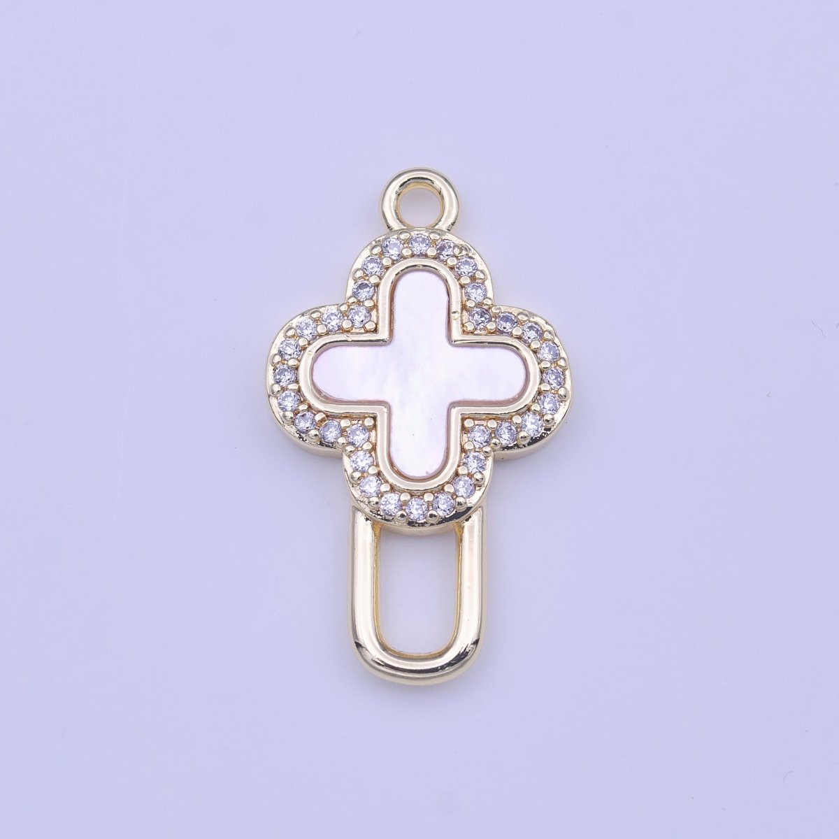 14K Gold Filled Shell Pearl Micro Paved CZ Quatrefoil Charm | C424