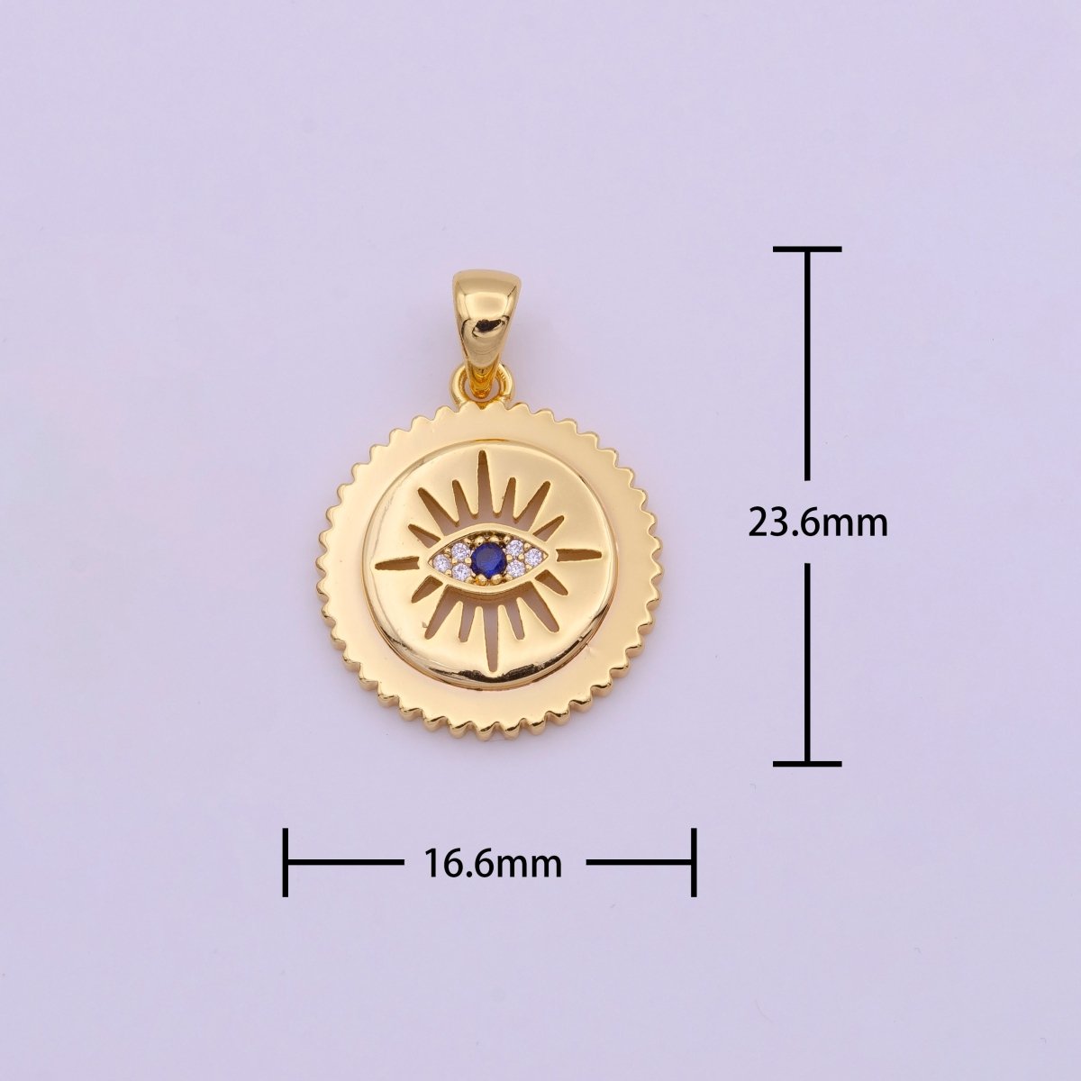 Gold Micro Paved Evil Eye Sunburst Gears Round Pendant I-652