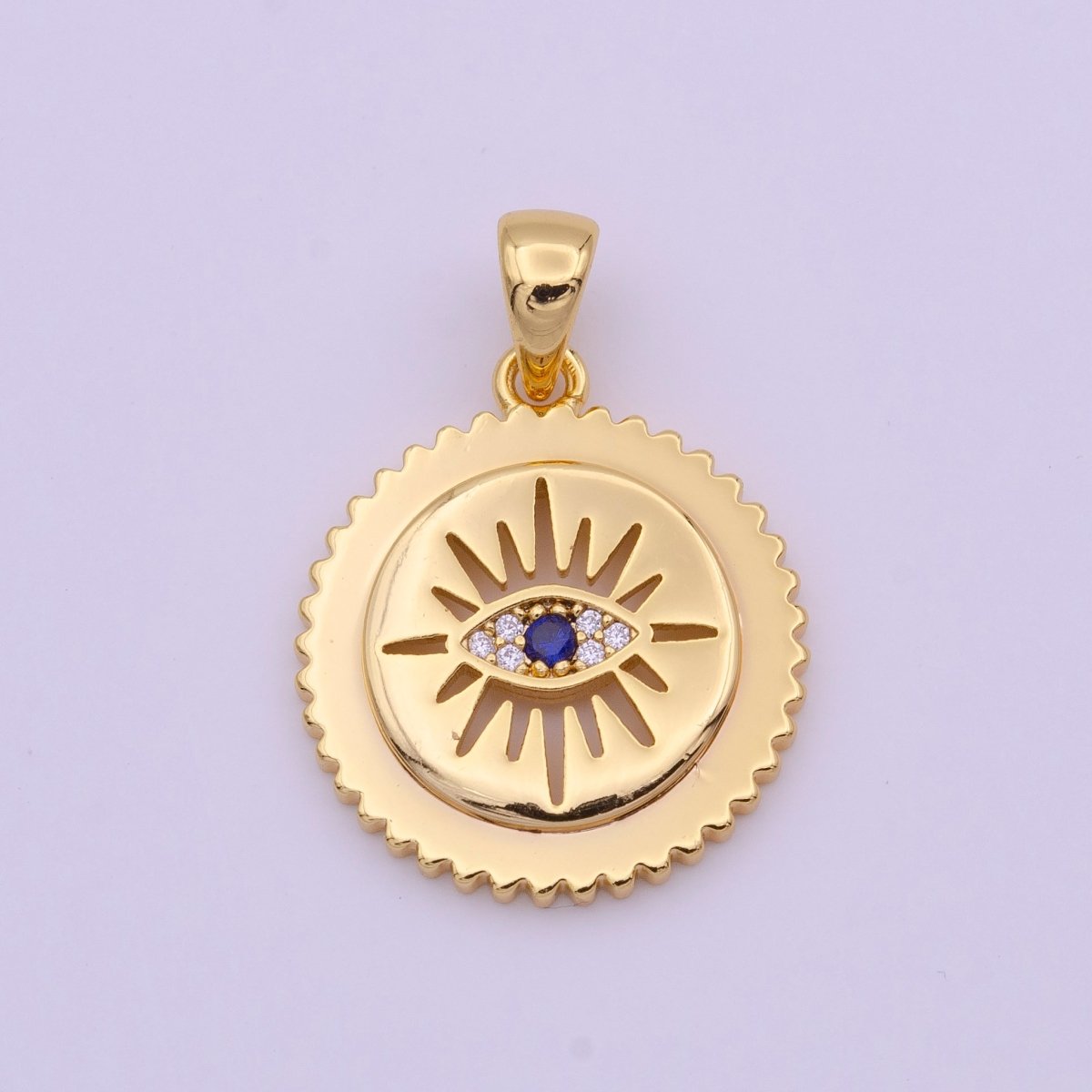 Gold Micro Paved Evil Eye Sunburst Gears Round Pendant I-652