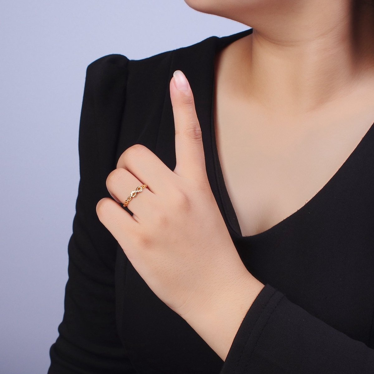 Gold Micro Paved Infinity Cable Chain Link Adjustable Stacking Ring | U-053