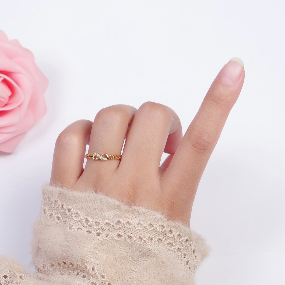 Gold Micro Paved Infinity Cable Chain Link Adjustable Stacking Ring | U-053