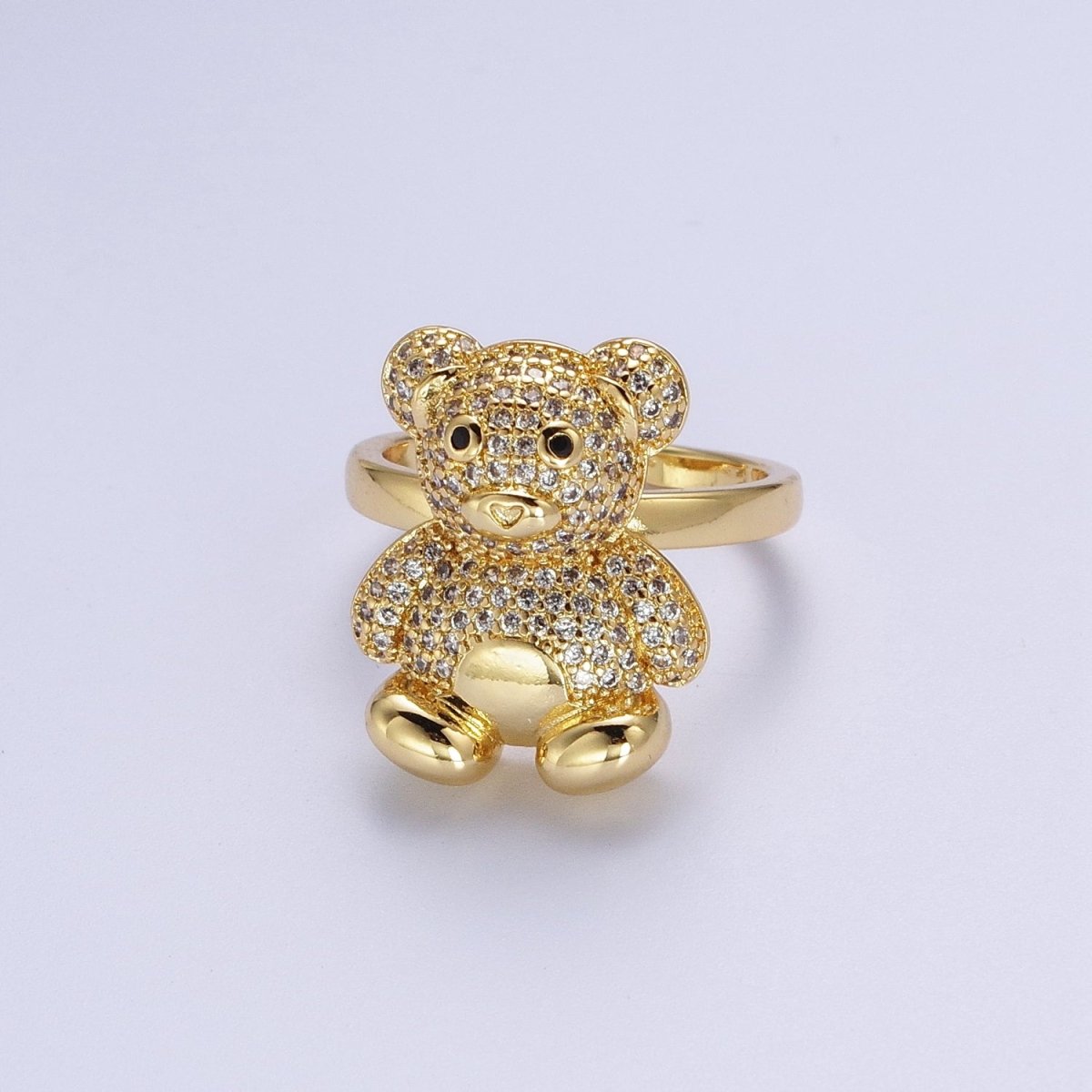 Gold Micro Paved Teddy Bear Cubic Zirconia CZ Adjustable Ring | O-018