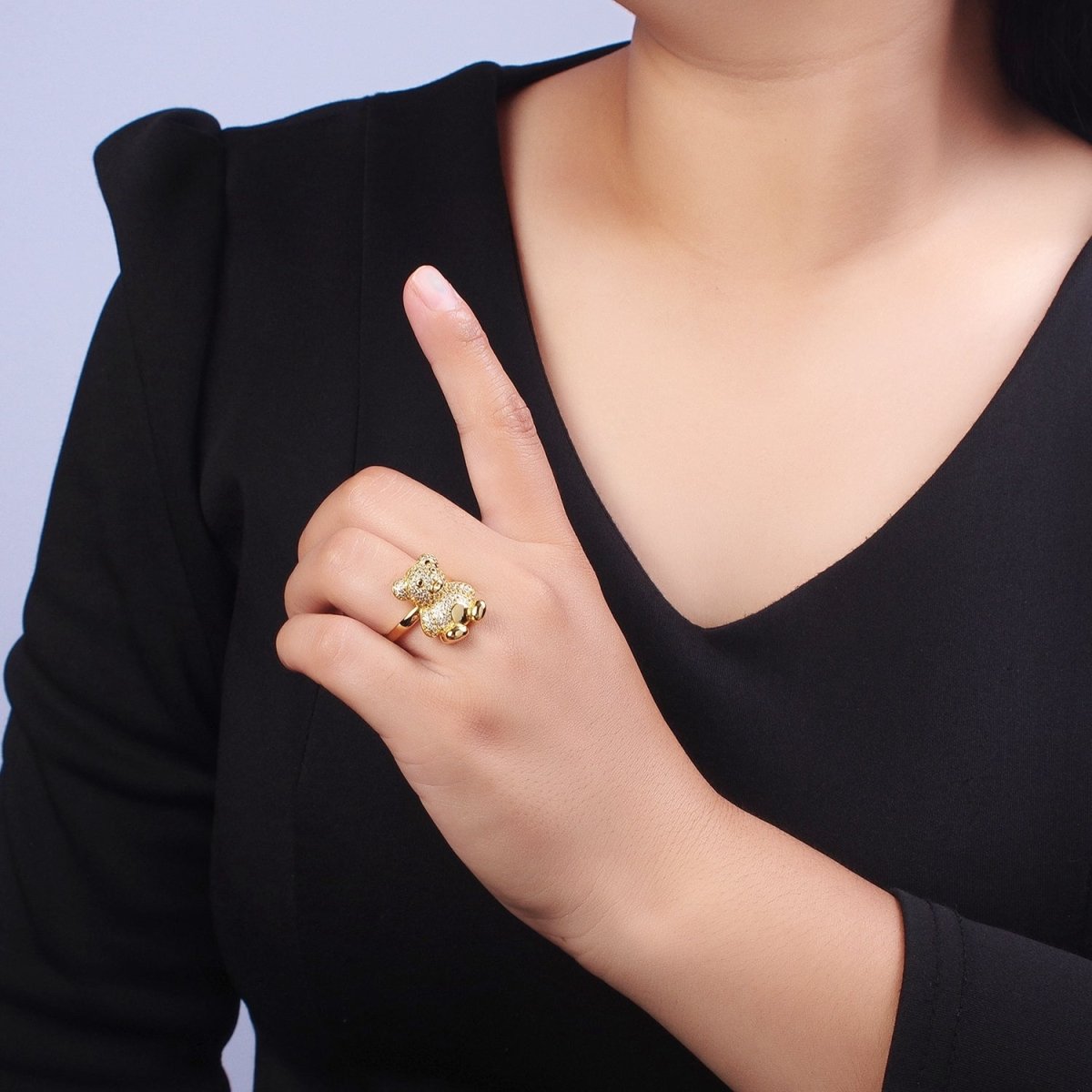 Gold Micro Paved Teddy Bear Cubic Zirconia CZ Adjustable Ring | O-018