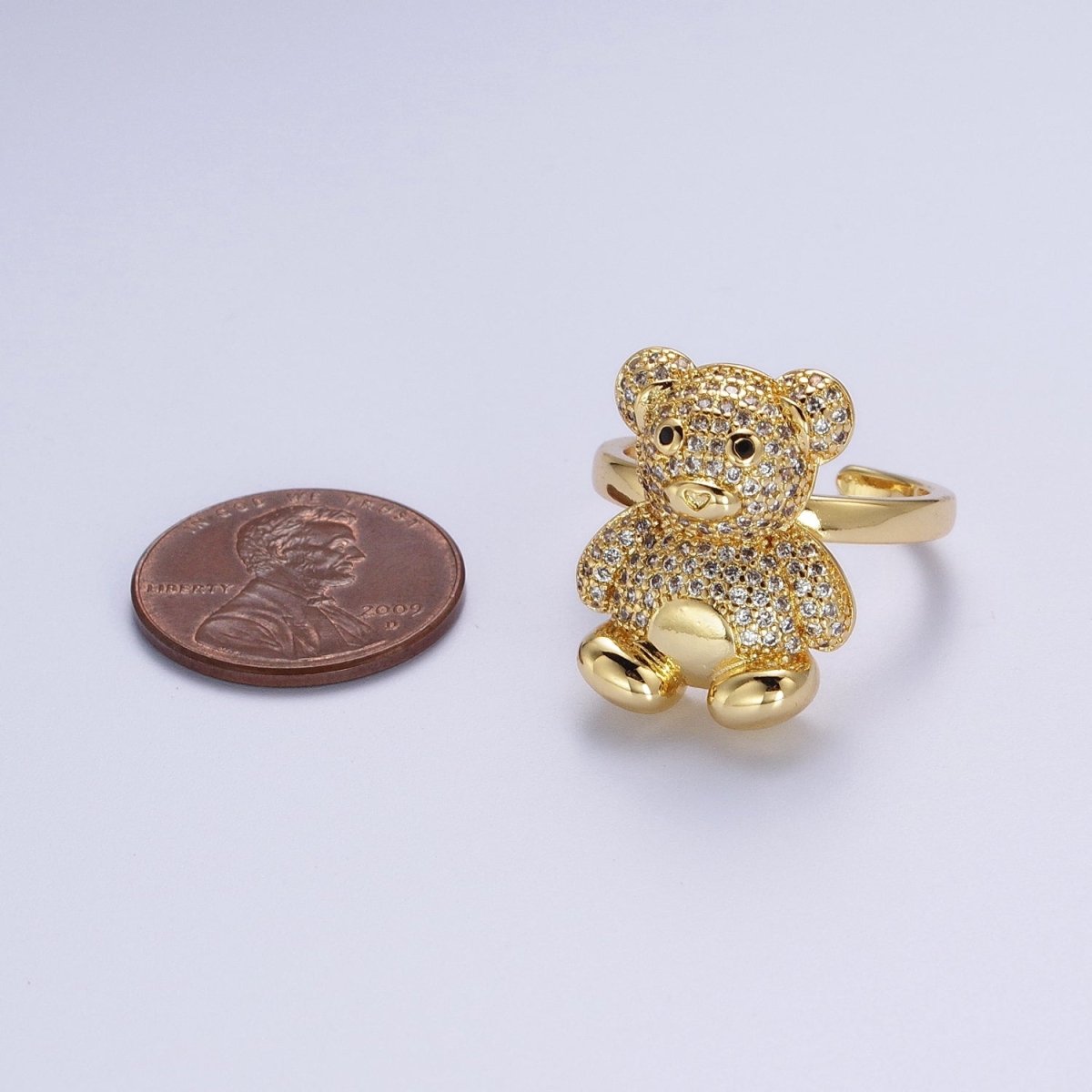 Gold Micro Paved Teddy Bear Cubic Zirconia CZ Adjustable Ring | O-018