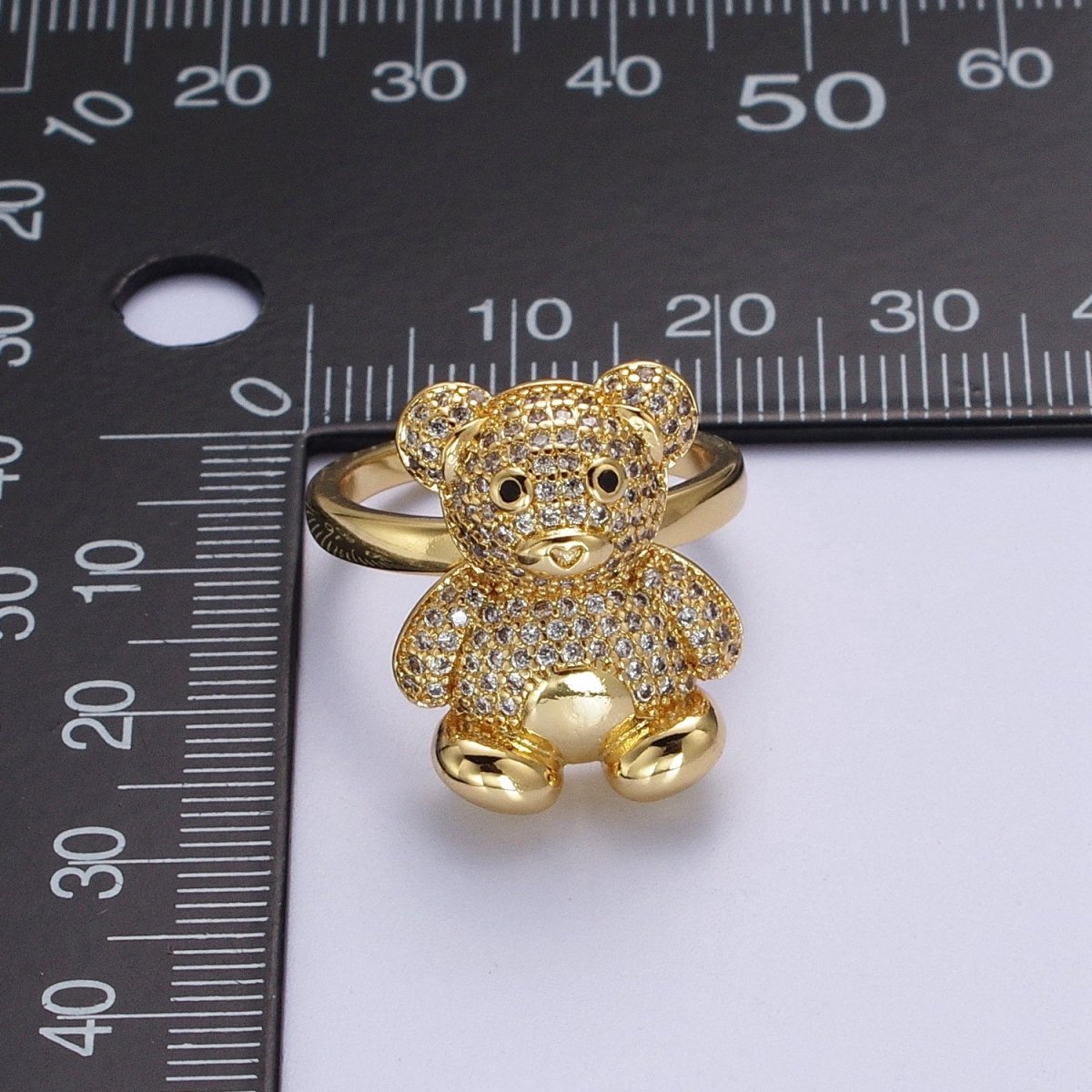 Gold Micro Paved Teddy Bear Cubic Zirconia CZ Adjustable Ring | O-018