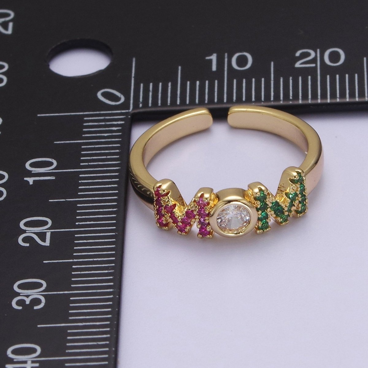 Gold Mom Script Ring Pink / Green Cz Gold Filled Ring Open Adjustable for Mother Day Gift S-524