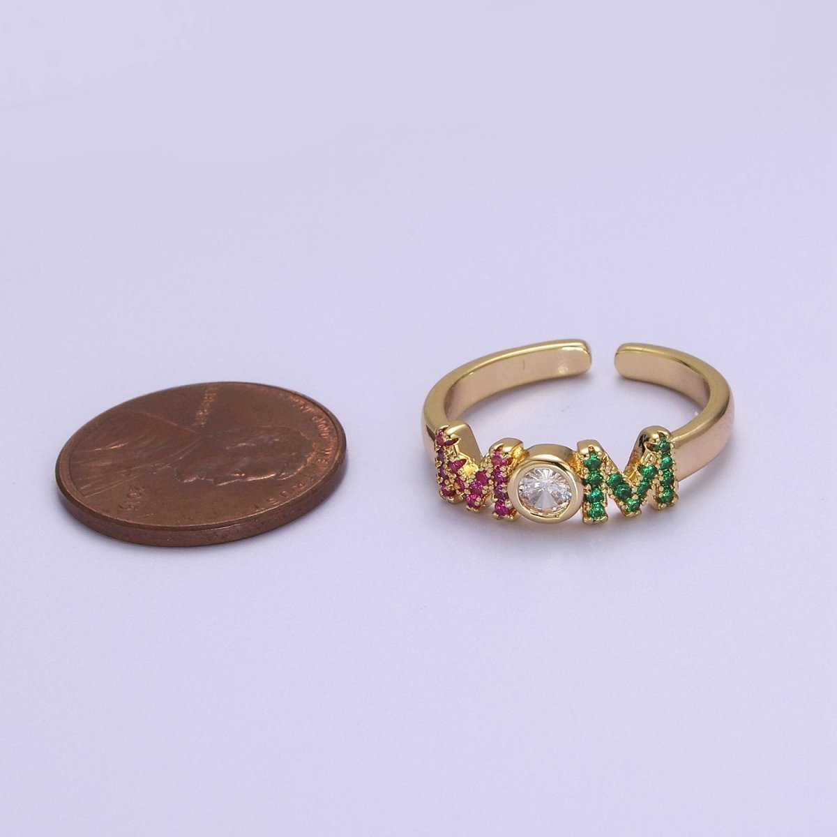 Gold Mom Script Ring Pink / Green Cz Gold Filled Ring Open Adjustable for Mother Day Gift S-524