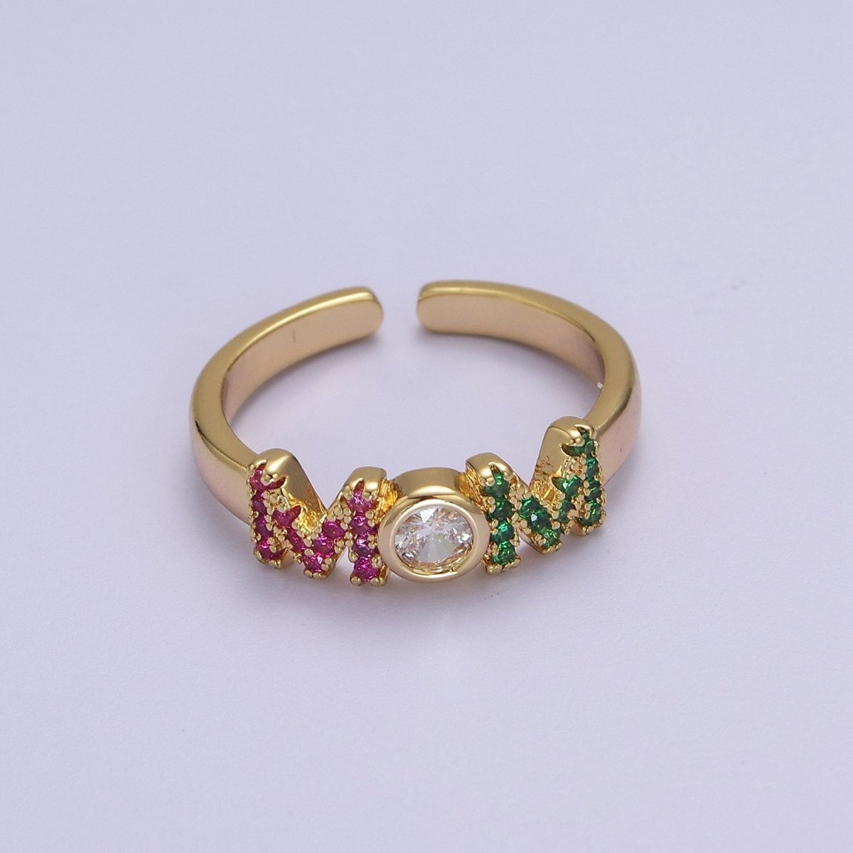 Gold Mom Script Ring Pink / Green Cz Gold Filled Ring Open Adjustable for Mother Day Gift S-524