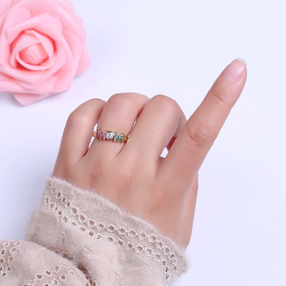 Gold Mom Script Ring Pink / Green Cz Gold Filled Ring Open Adjustable for Mother Day Gift S-524