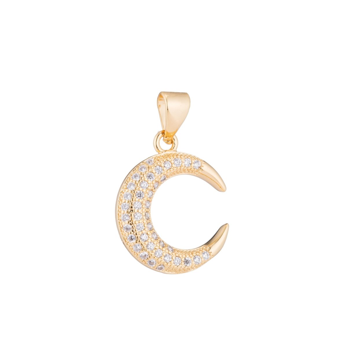 Gold Moonlight, Golden Crescent Moon Bright Night Sky Dream Cubic Zirconia Necklace Pendant Charm Bead Bails Findings for Jewelry Making H-355