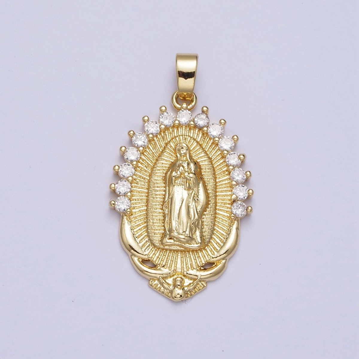 Gold Mother Virgin Mary Catholic Bijoux Sunburst Cubic Zirconia Lined Pendant For DIY Jewelry Making | X-522