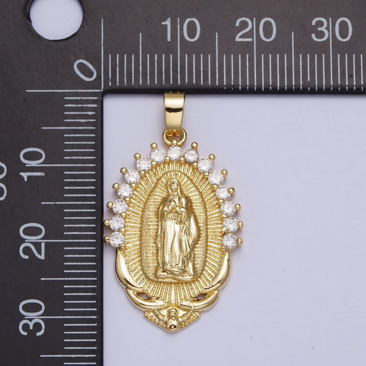 Gold Mother Virgin Mary Catholic Bijoux Sunburst Cubic Zirconia Lined Pendant For DIY Jewelry Making | X-522