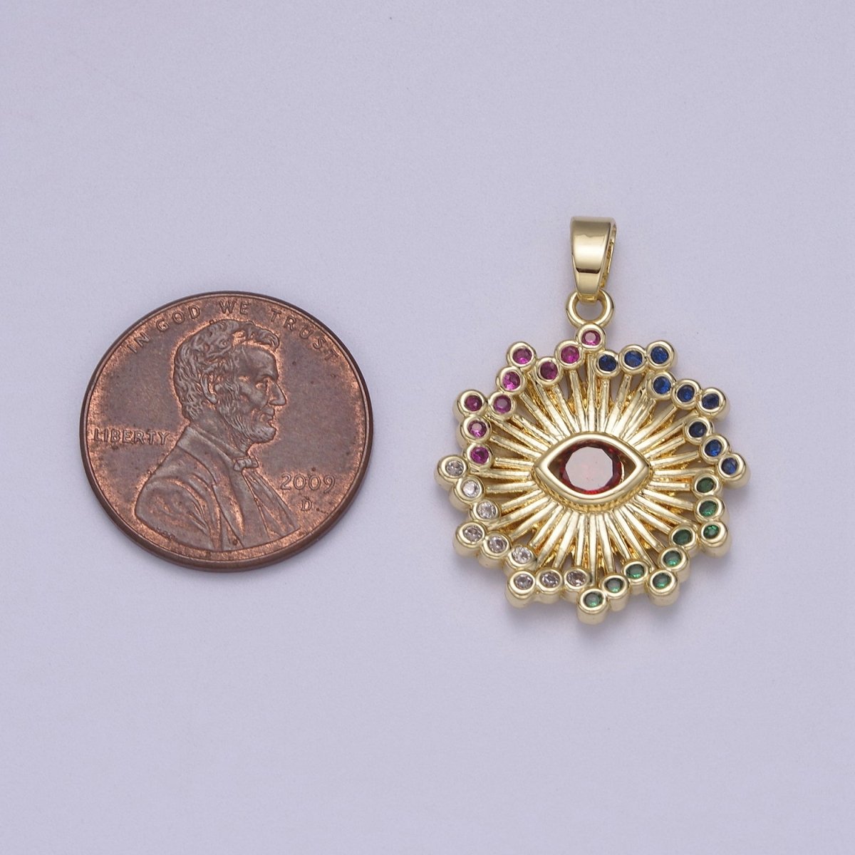 Gold Multi Color Cubic Zirconia Evil Eye Charm Sun Burst Sunray Pendant N-602