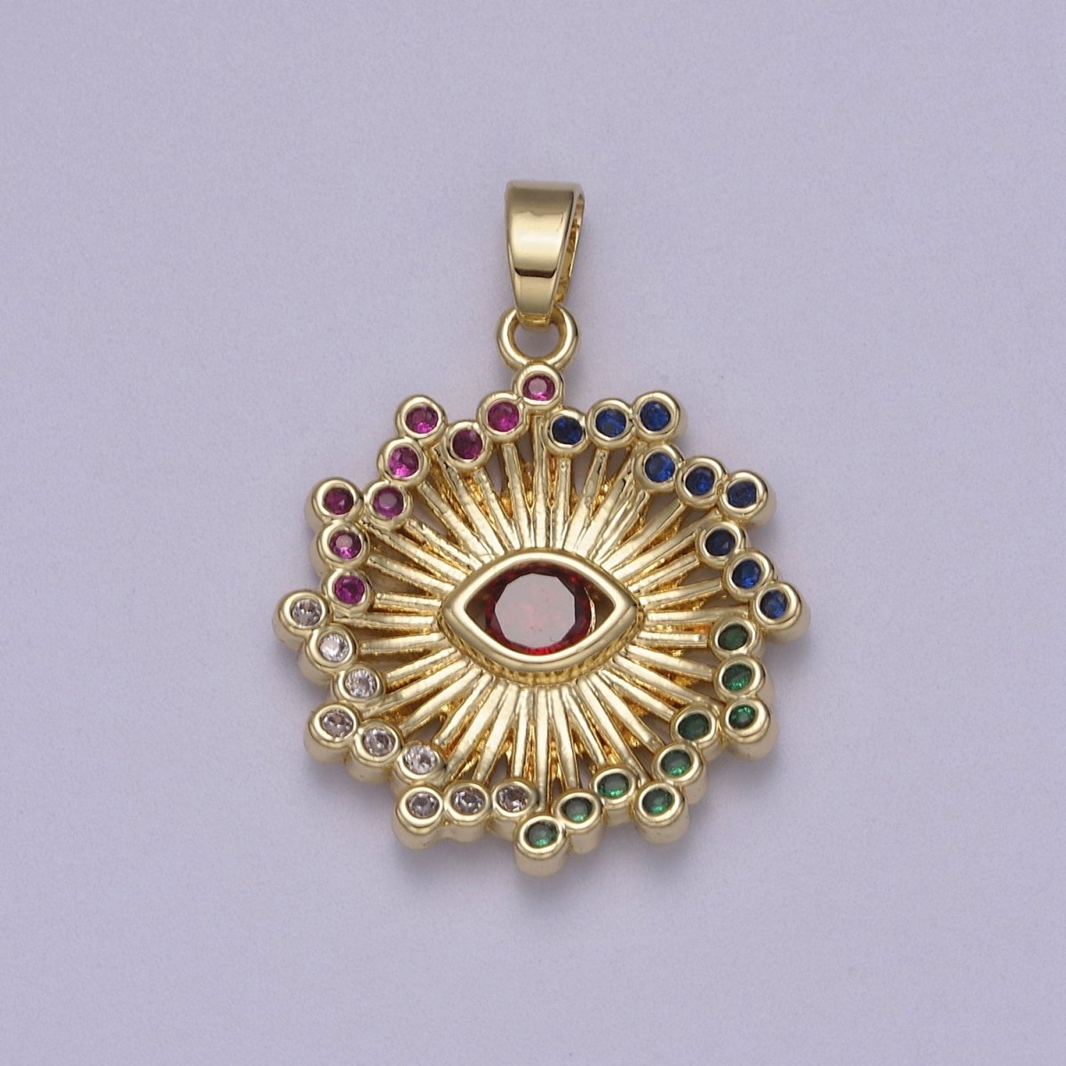 Gold Multi Color Cubic Zirconia Evil Eye Charm Sun Burst Sunray Pendant N-602