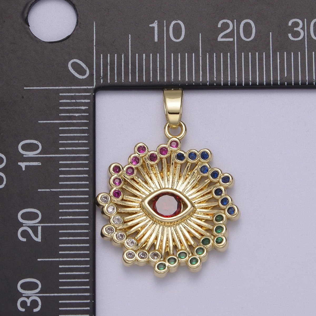 Gold Multi Color Cubic Zirconia Evil Eye Charm Sun Burst Sunray Pendant N-602