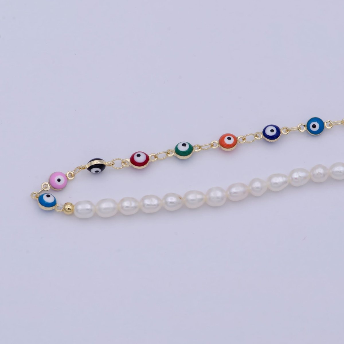 Gold Multicolor Evil Eye Choker Necklace, Pearl Beaded Layering Necklace | WA-670 Clearance Pricing