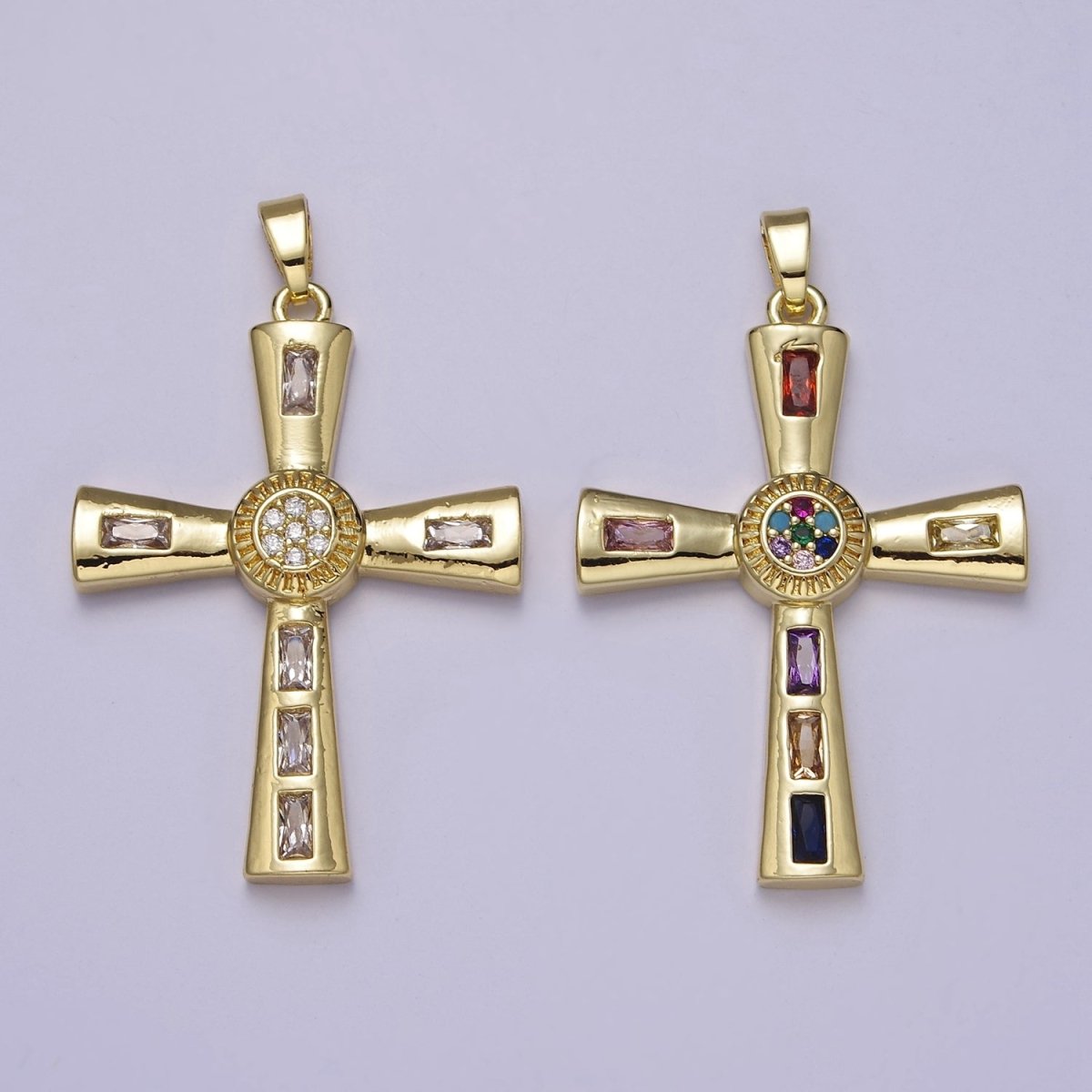 Gold  Multicolor/Clear Baguette Cubic Zirconia CZ Religious Cross Pendant Charm For Jewelry Necklace Making, J-593 J-594