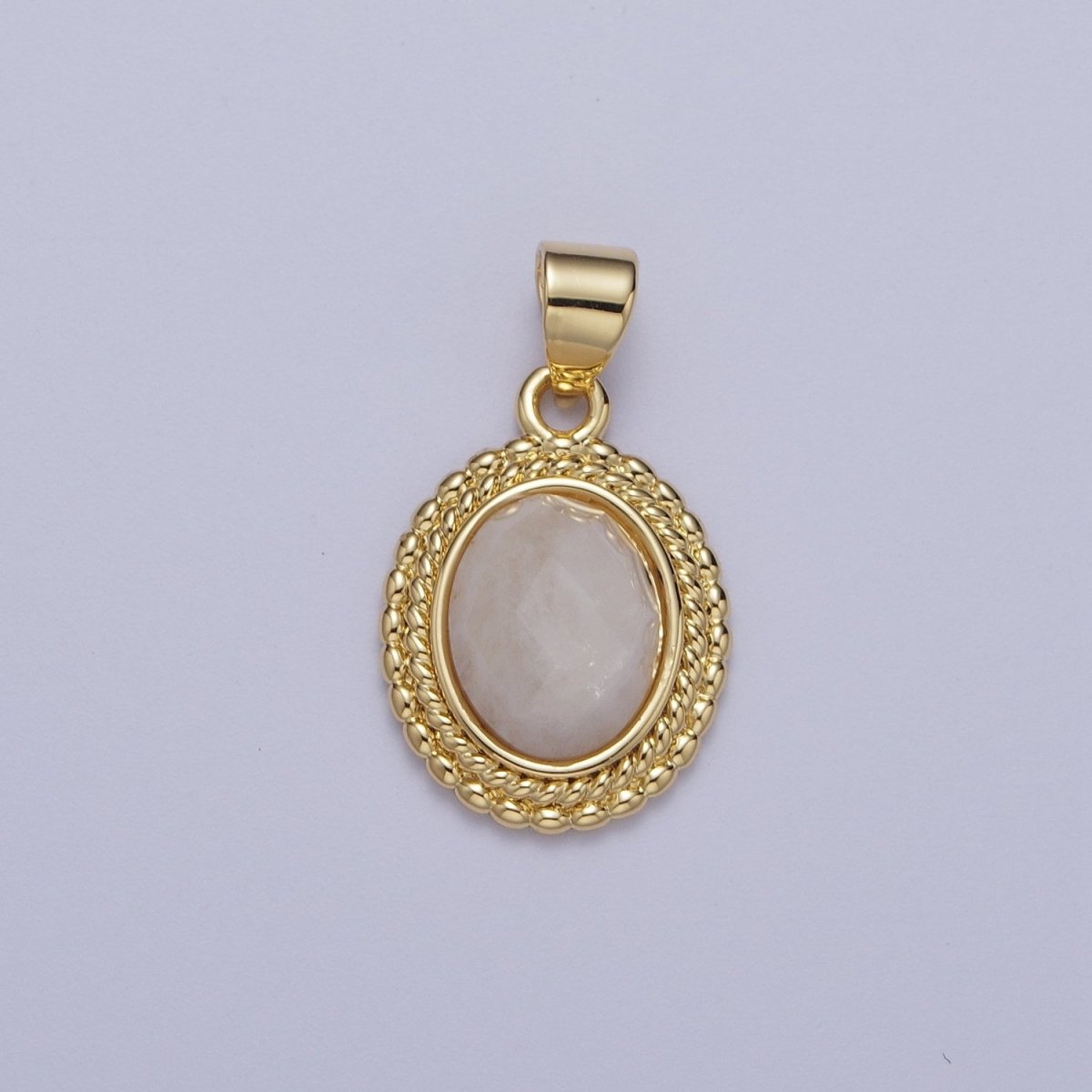 Gold Natural Moonstone Beaded Rope Frame Oval Jewelry Making Pendant H-604