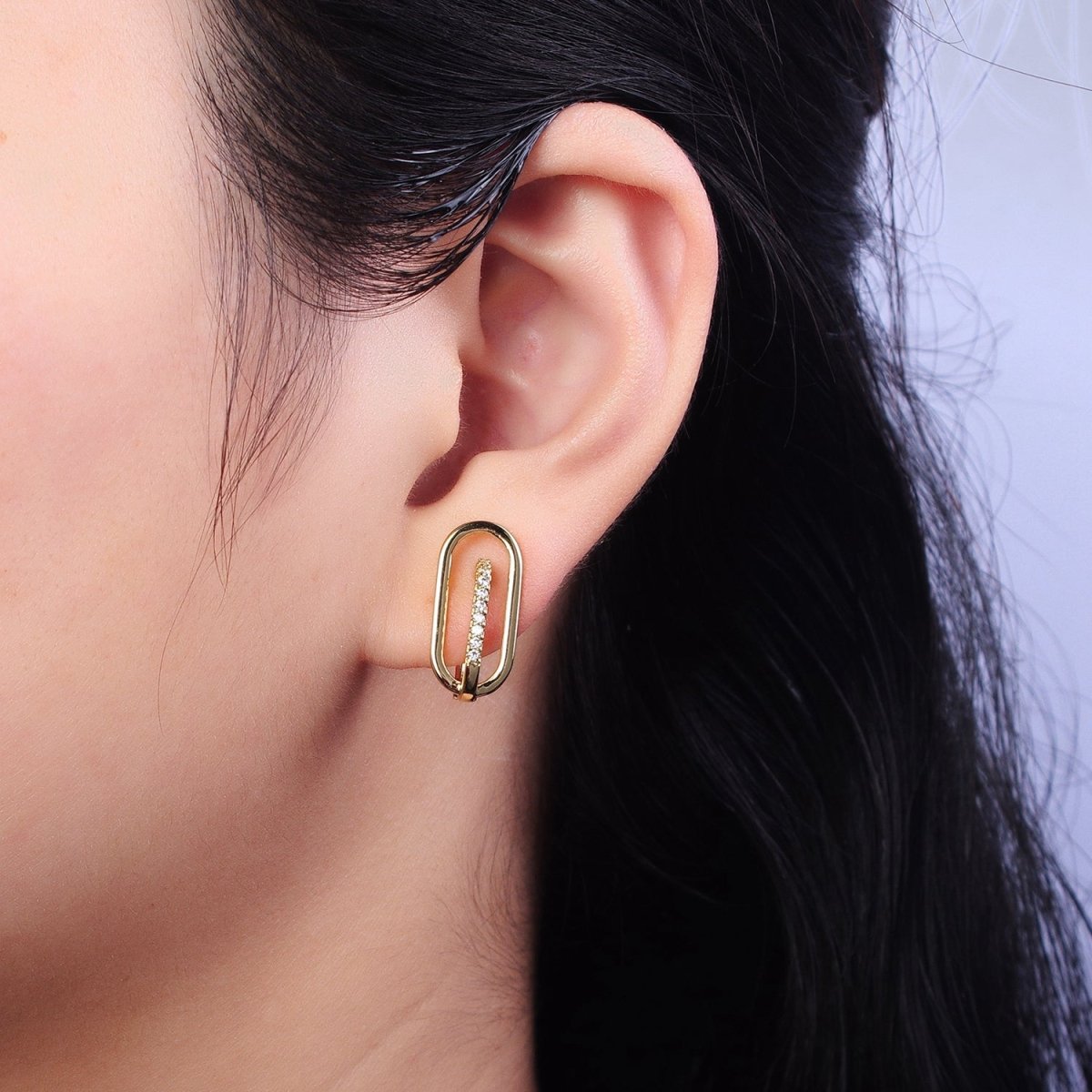 Gold Oblong Clear Micro Paved CZ Lined English Lock Earrings | AB235