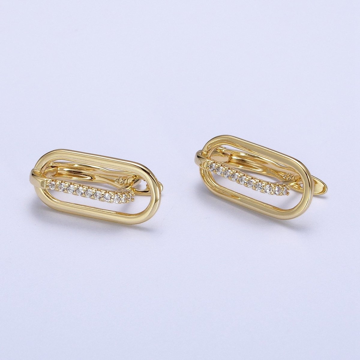 Gold Oblong Clear Micro Paved CZ Lined English Lock Earrings | AB235